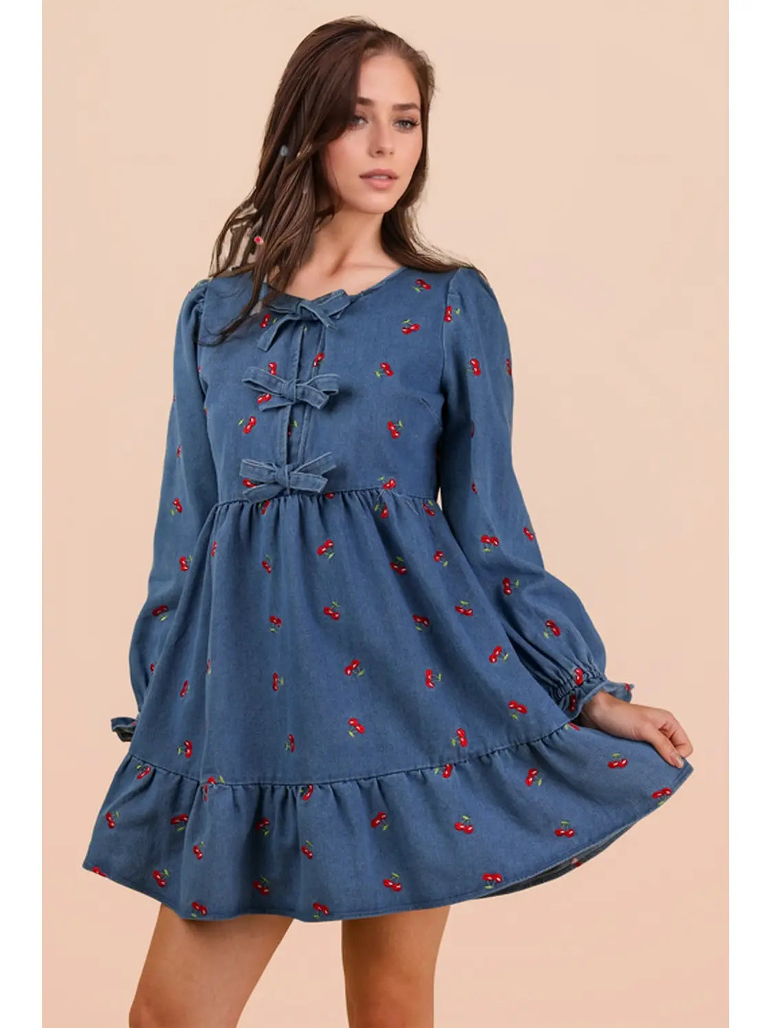 Cherry Print Soft Washed Denim Casual Mini Dress