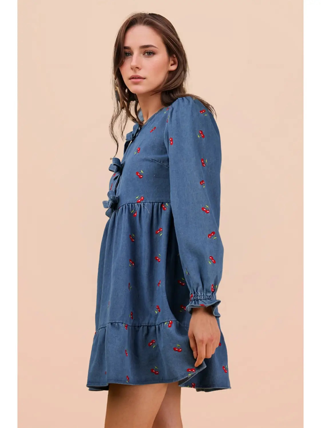 Cherry Print Soft Washed Denim Casual Mini Dress