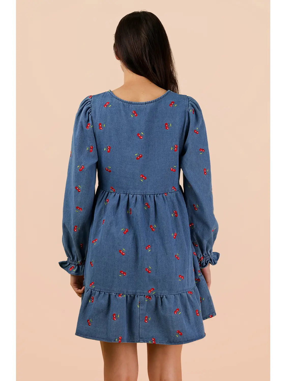 Cherry Print Soft Washed Denim Casual Mini Dress
