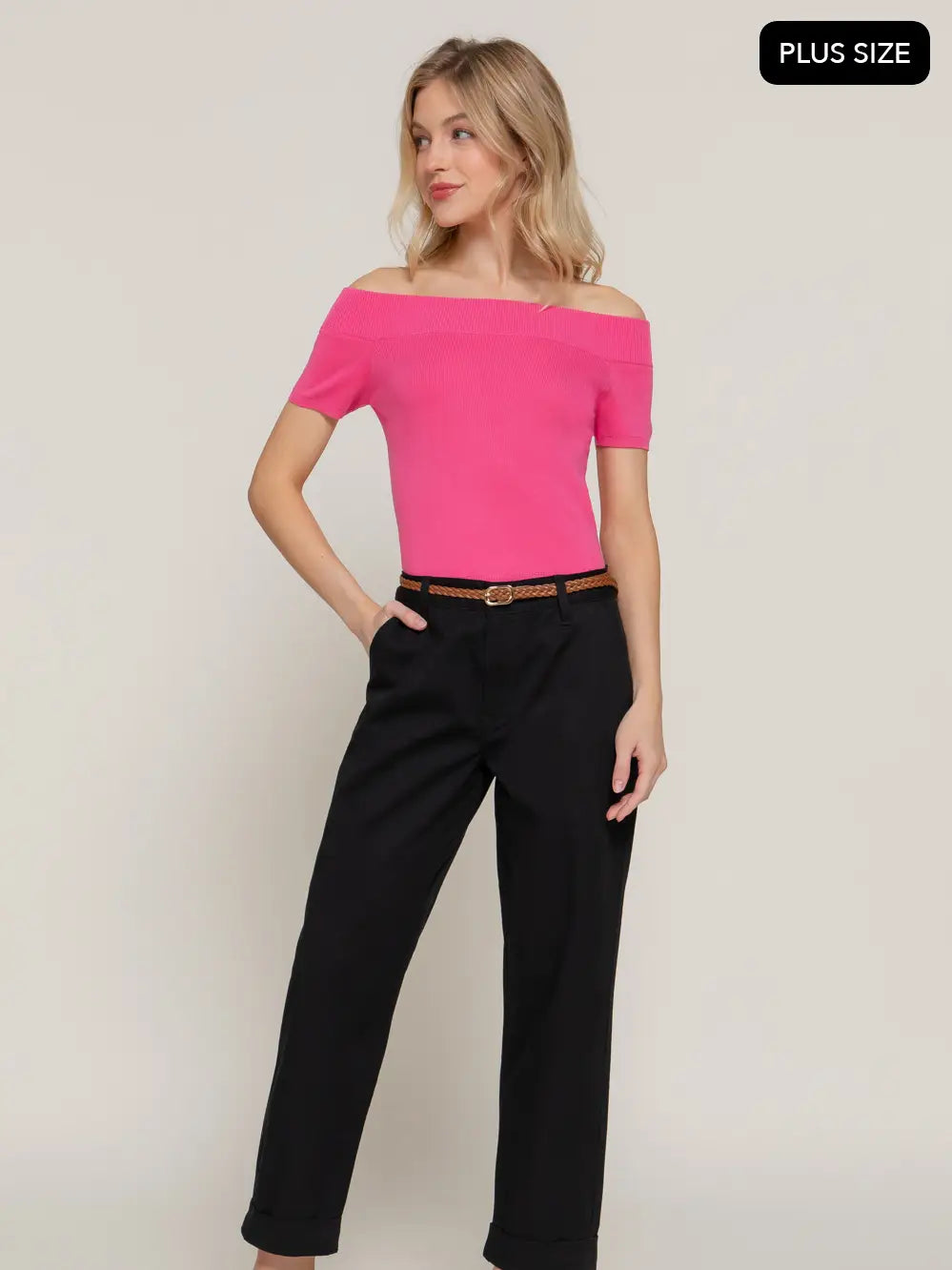 Black Plus Size Chino Pants with Braided Belt