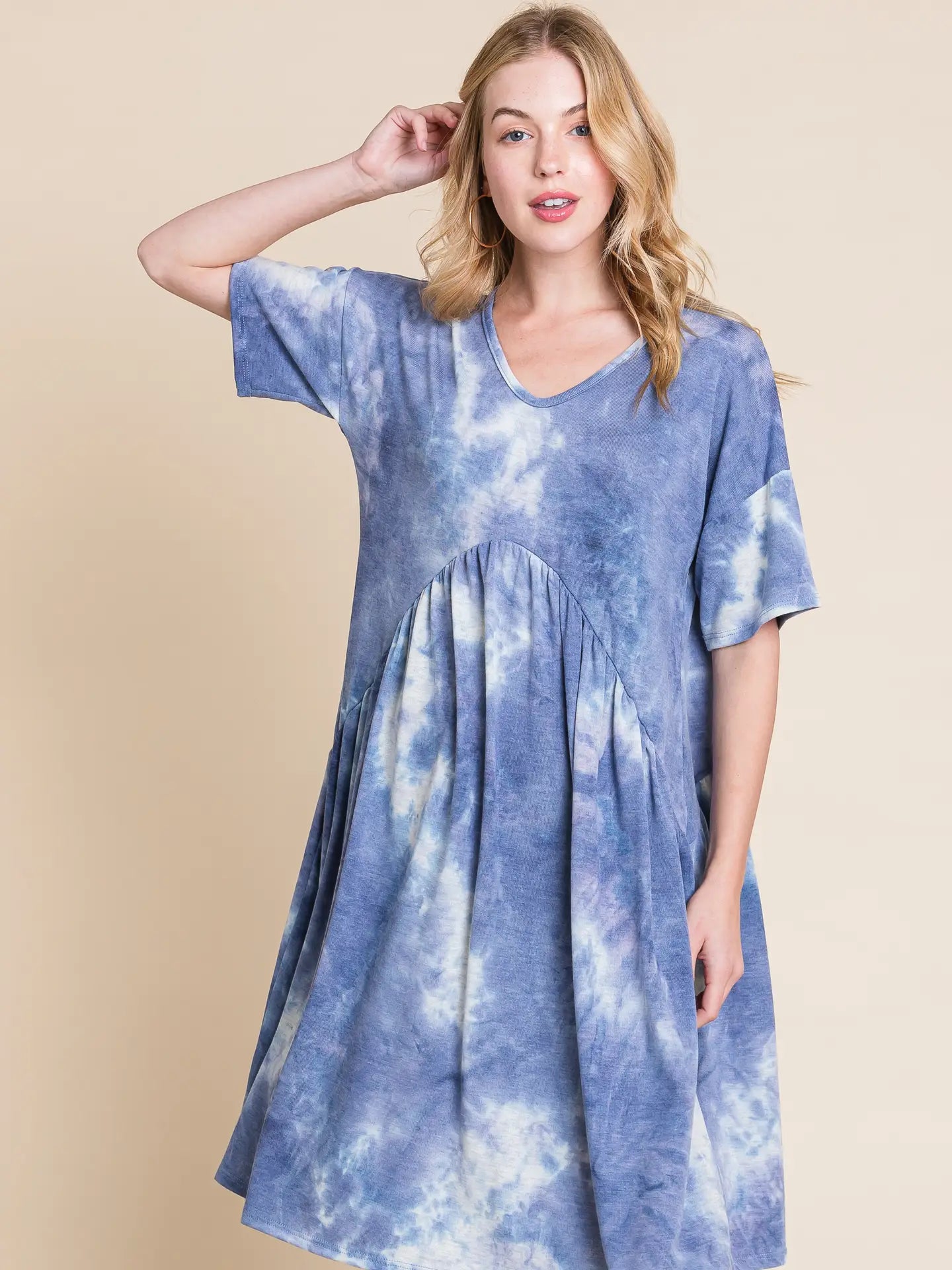 Blue and White Tie-Dye Shirred Waist Dress