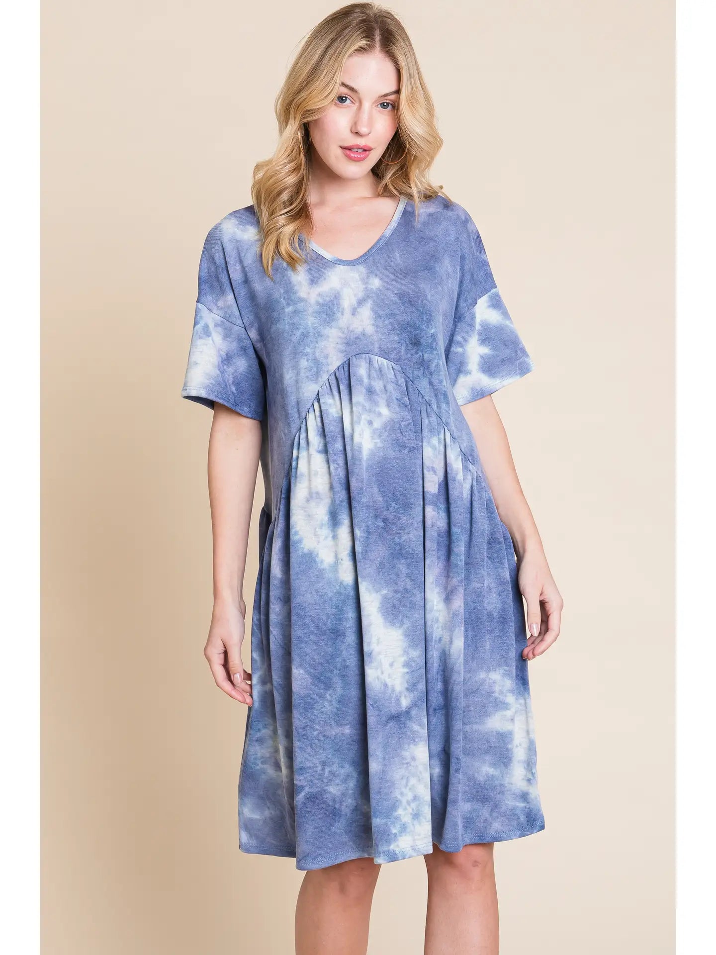 Blue and White Tie-Dye Shirred Waist Dress