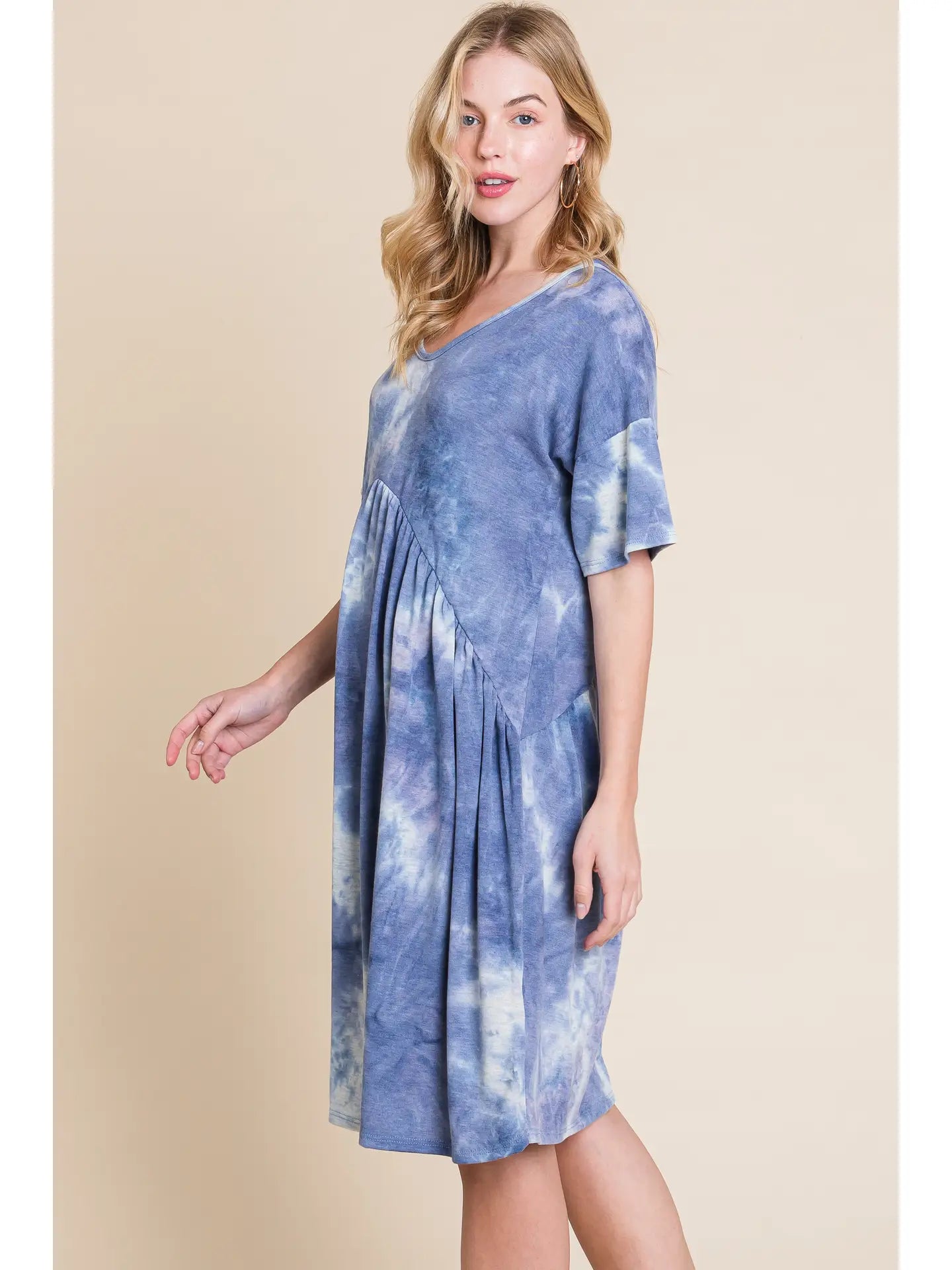 Blue and White Tie-Dye Shirred Waist Dress
