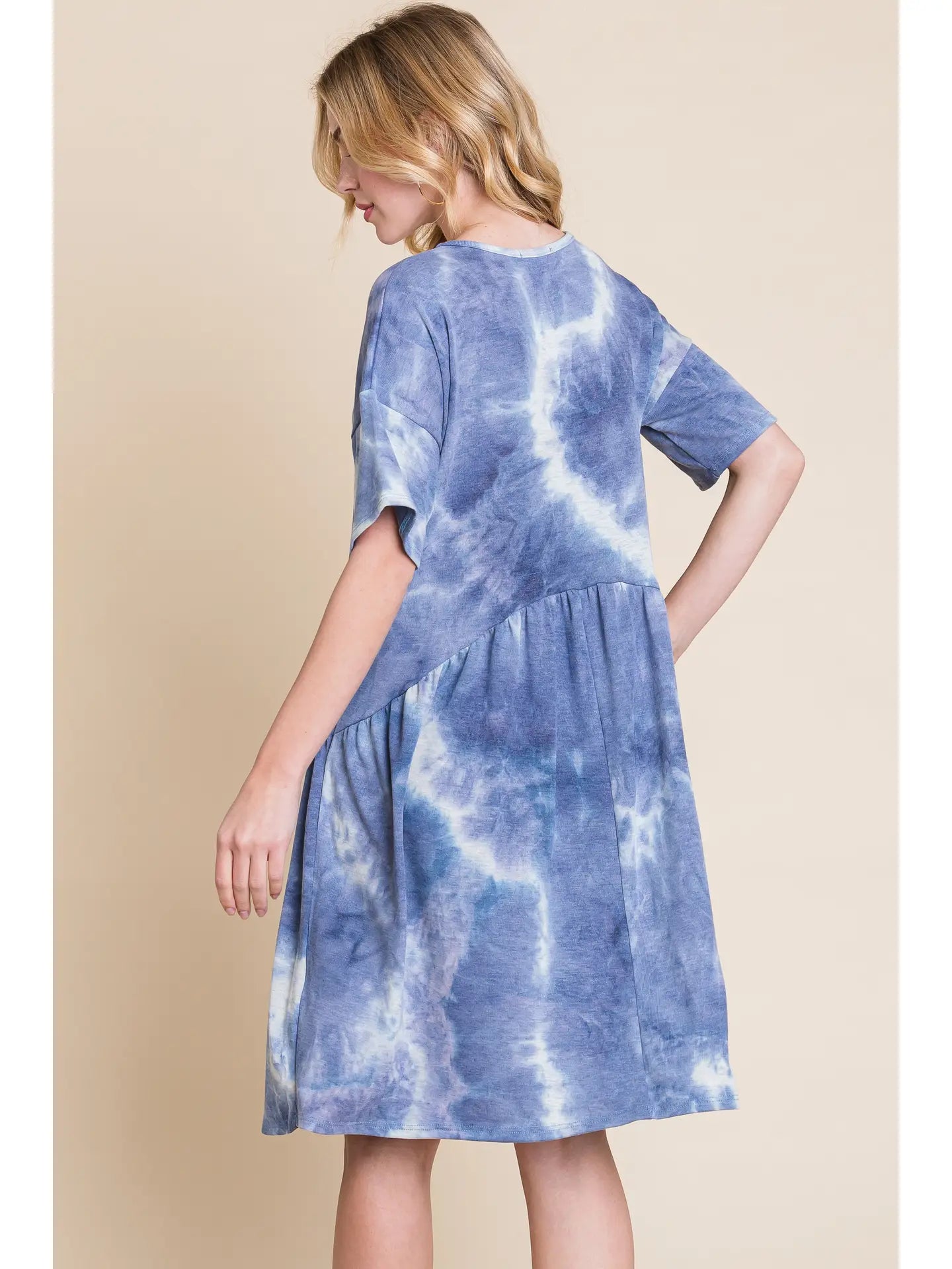 Blue and White Tie-Dye Shirred Waist Dress