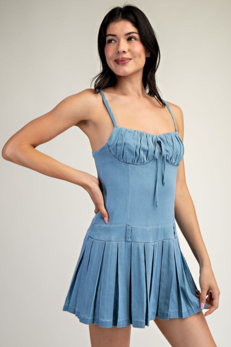 Denim Pleated Mini Dress Lt Blue / S