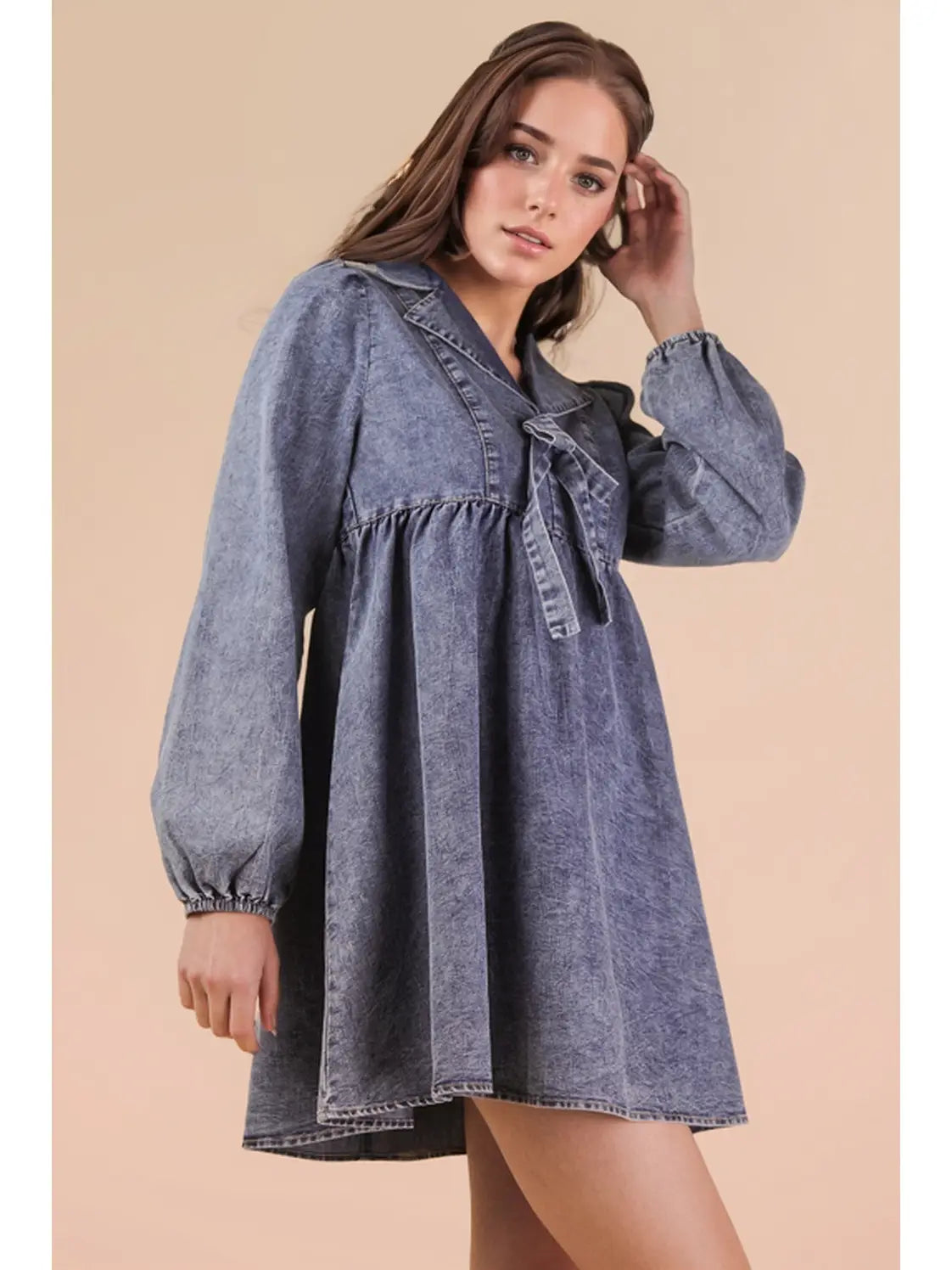 Indigo Washed Chambray Denim Collared Mini Dress