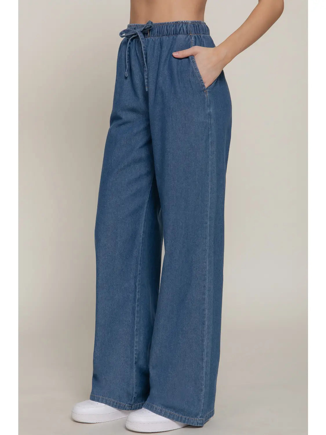Women's Elastic Waistband Straight Denim Long Pants