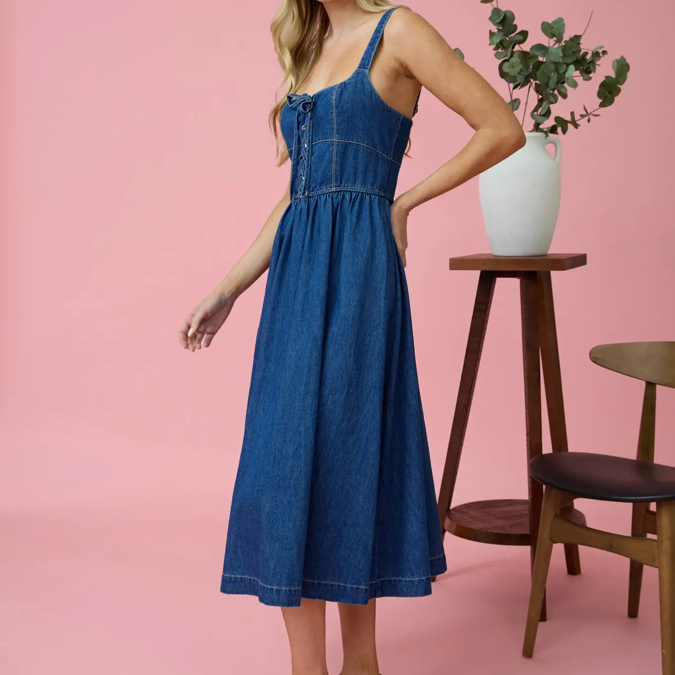Lace Up Sleeveless Denim Midi Dress with Pockets