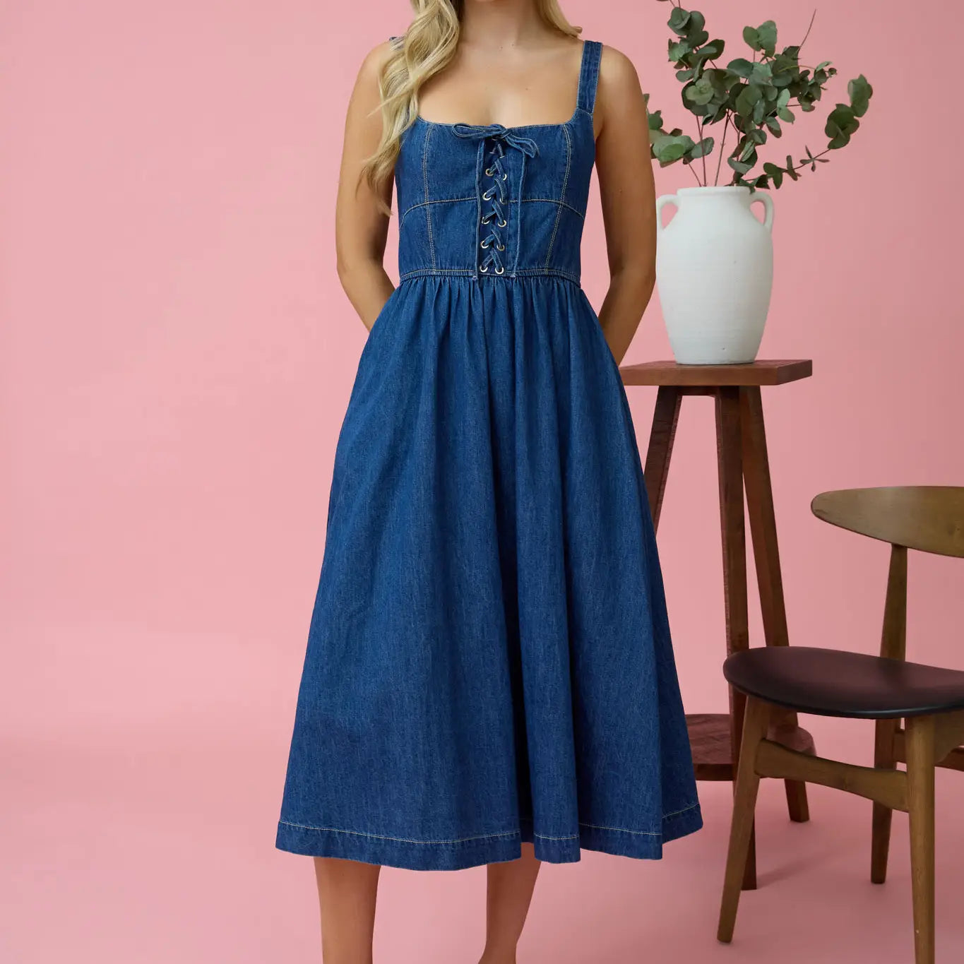 Lace Up Sleeveless Denim Midi Dress with Pockets