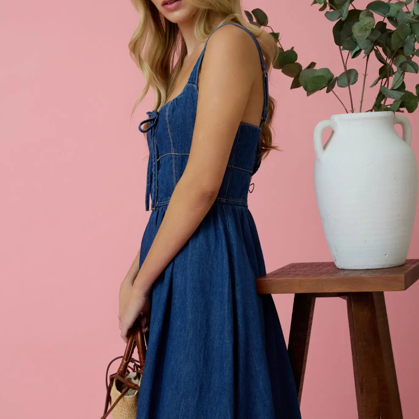 Lace Up Sleeveless Denim Midi Dress with Pockets
