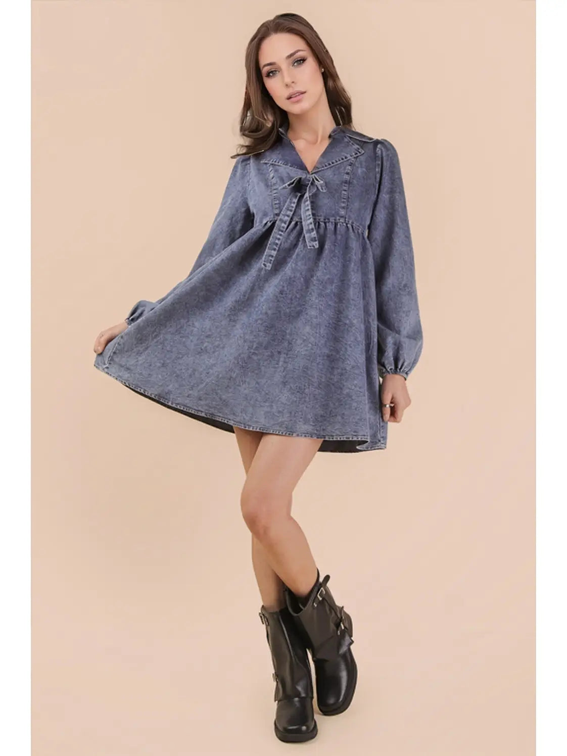 Indigo Washed Chambray Denim Collared Mini Dress