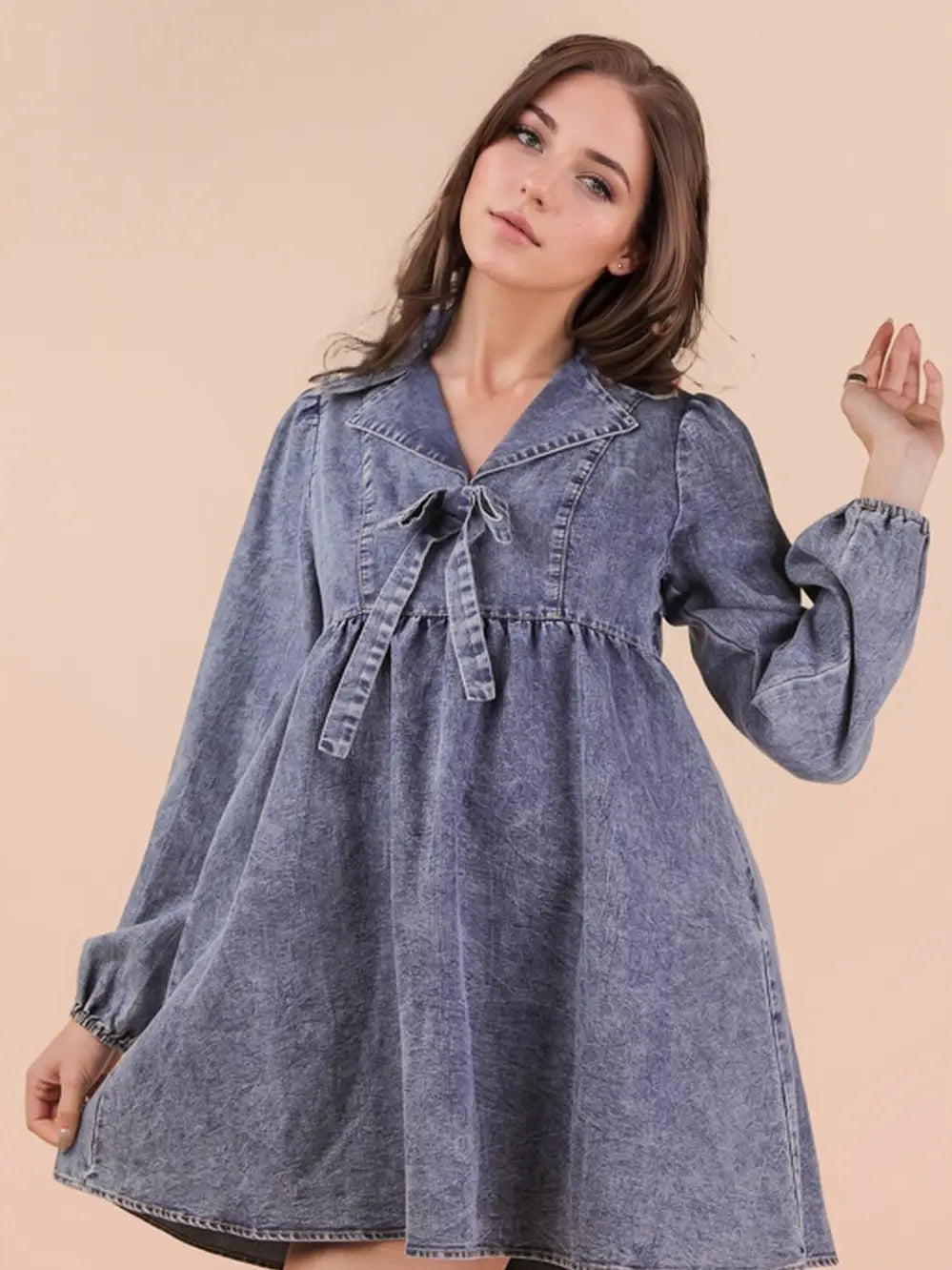 Indigo Washed Chambray Denim Collared Mini Dress