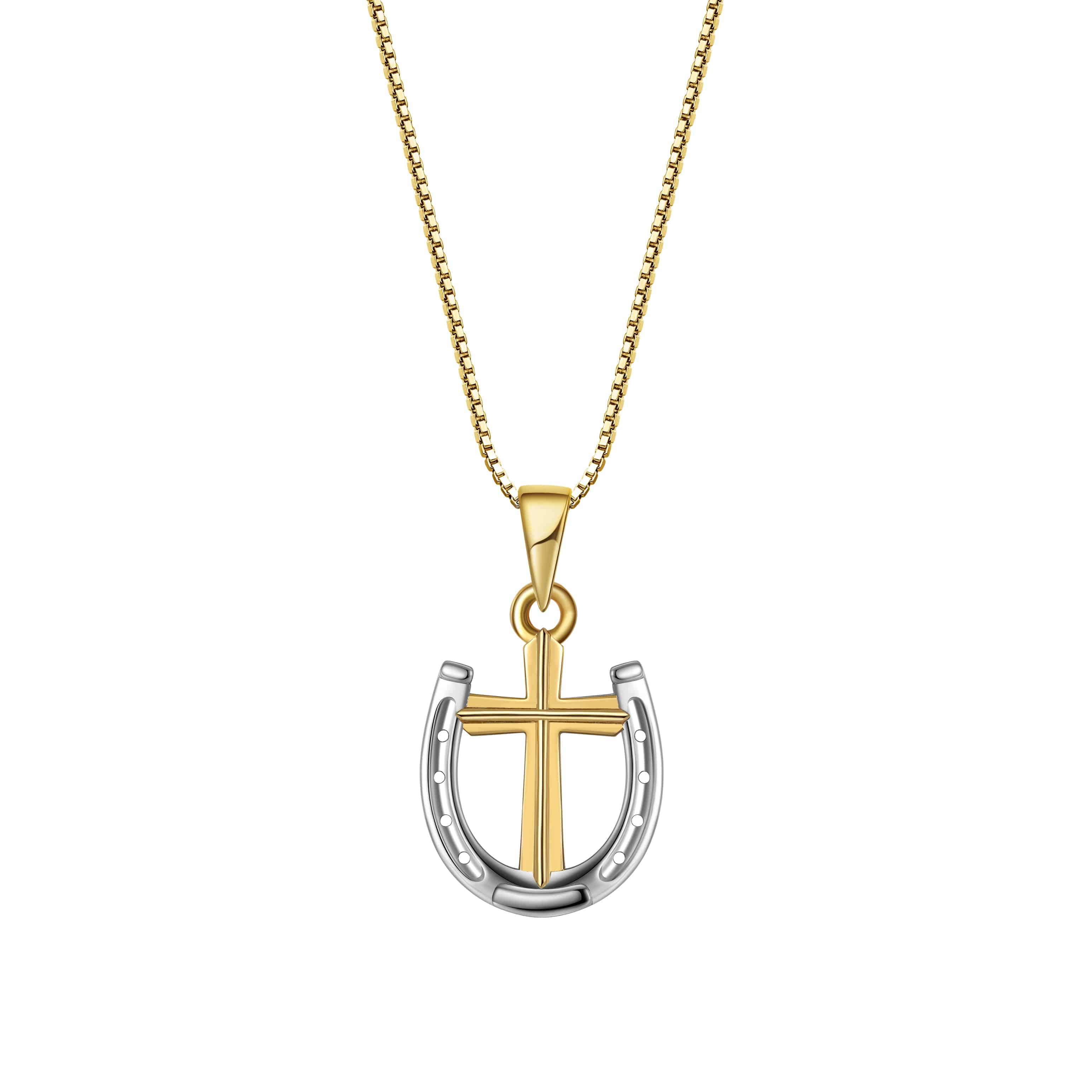 Saints and Saviors Rider's Prayer Mini gold and silver Horseshoe and Cross Necklace on Gold Box Chain