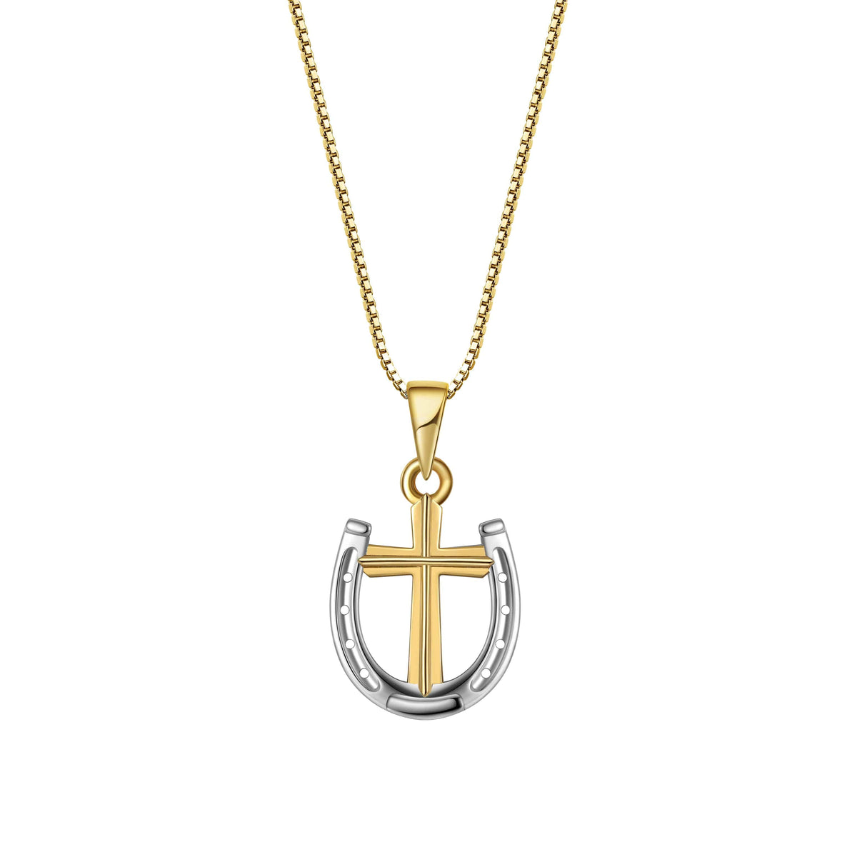 Saints and Saviors Rider's Prayer Mini gold and silver Horseshoe and Cross Necklace on Gold Box Chain