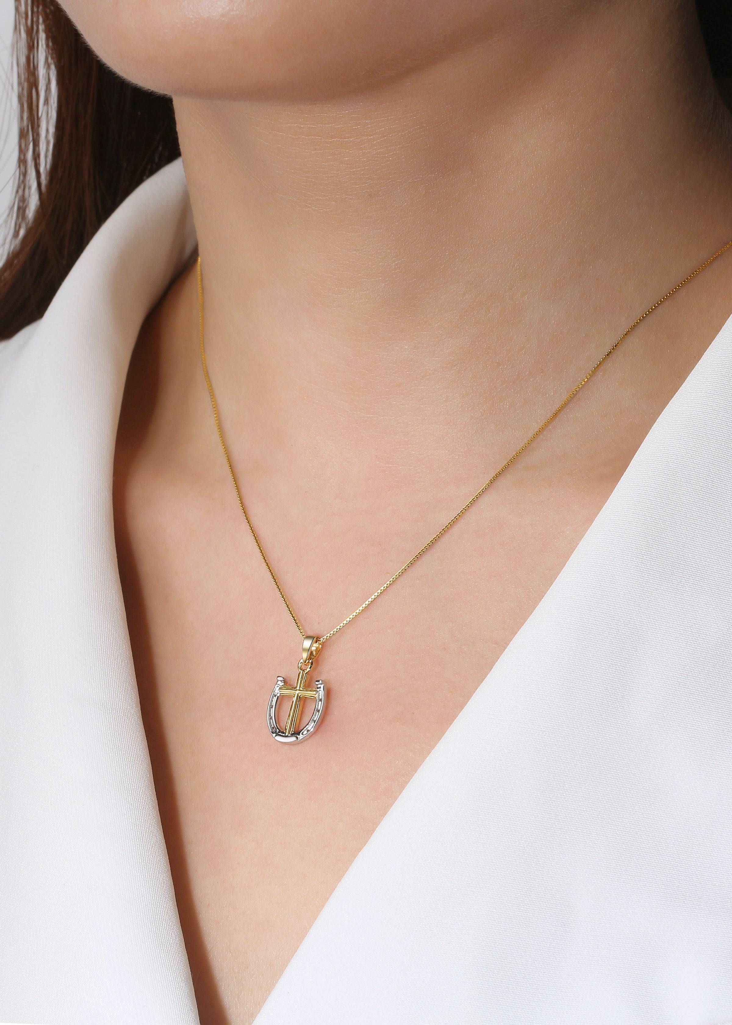 Saints and Saviors Rider's Prayer Mini G/S Necklace Gold Box Chain on model