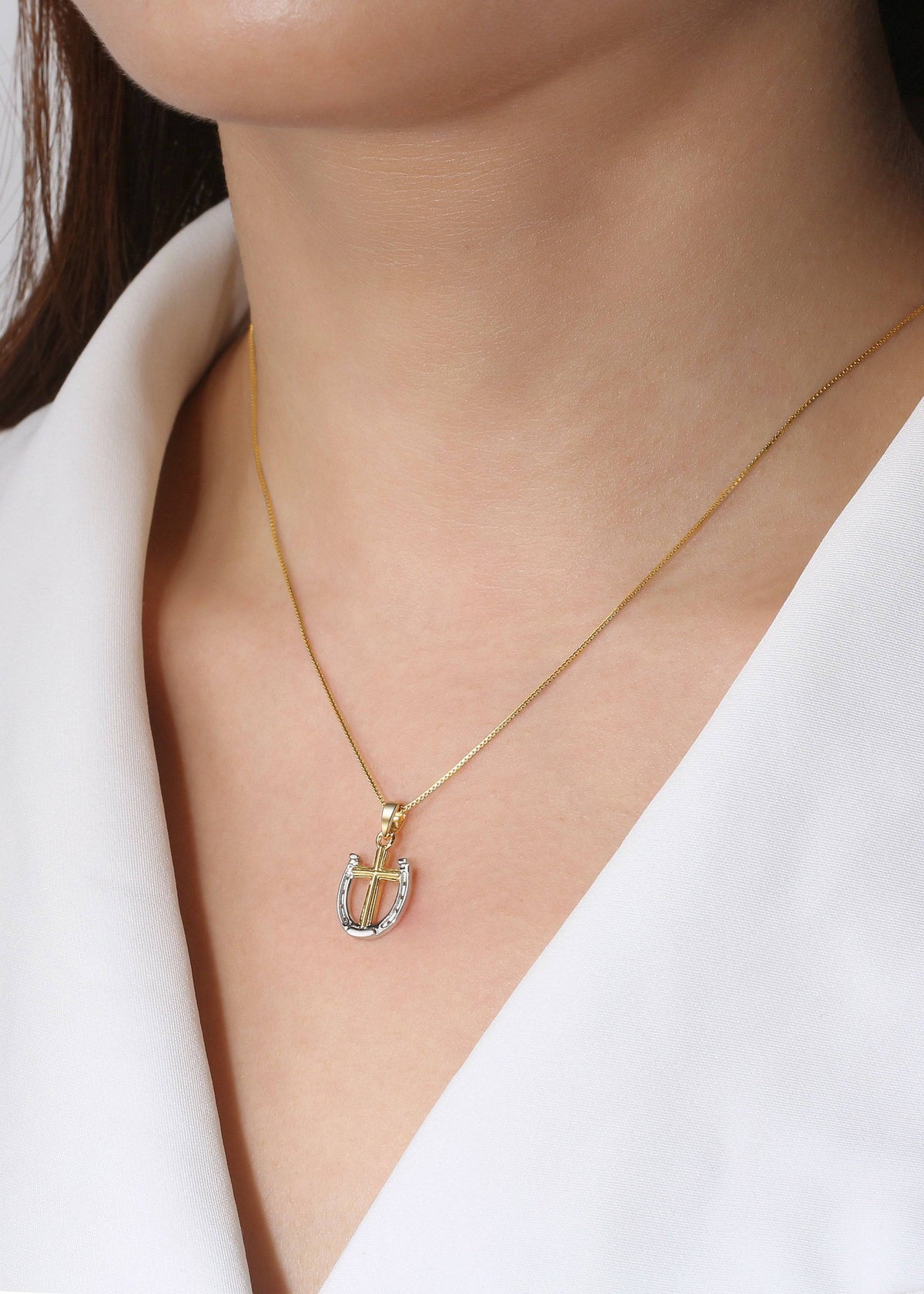 Saints and Saviors Rider's Prayer Mini G/S Necklace Gold Box Chain on model