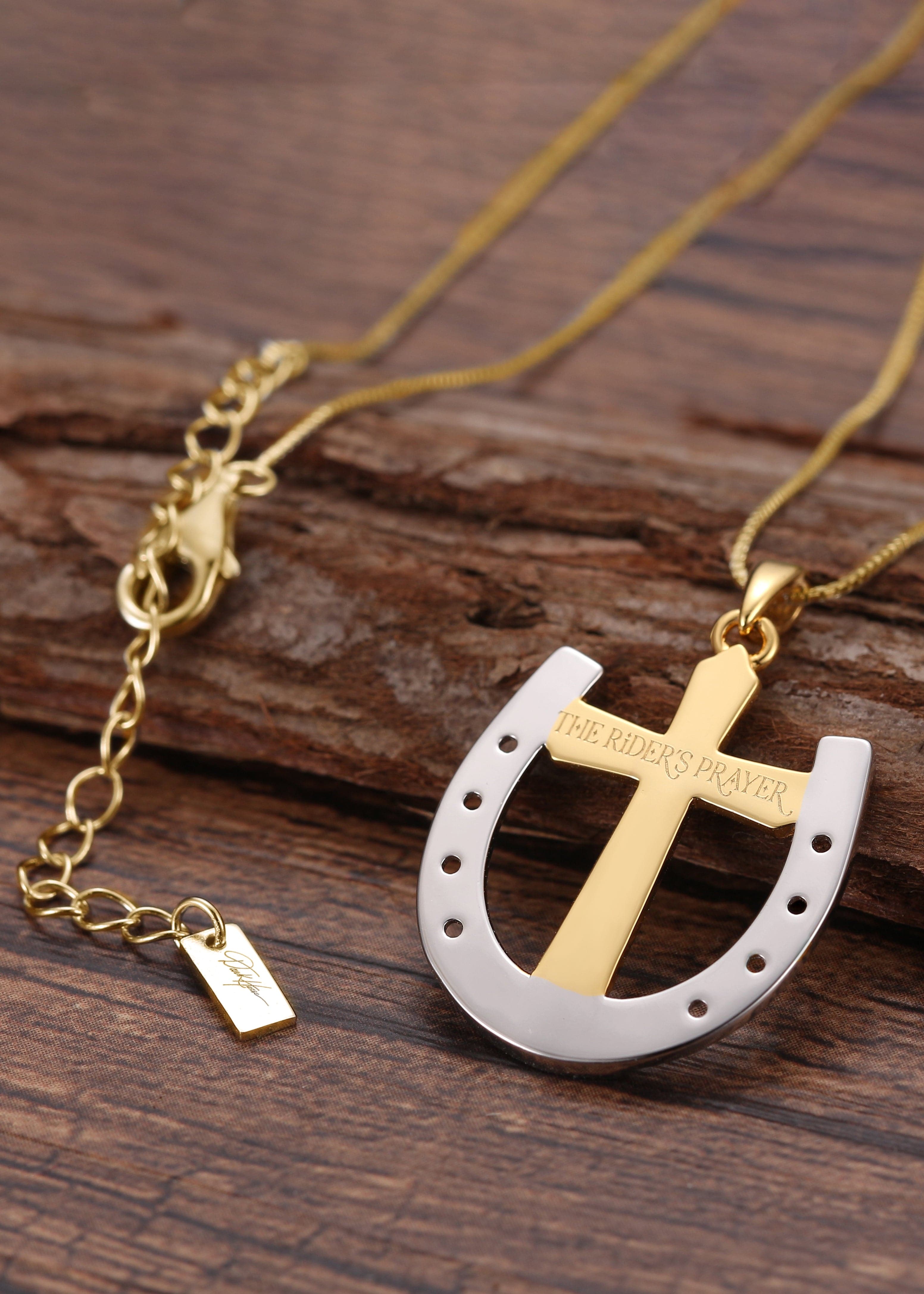 Saints and Saviors Rider's Prayer Necklace on Gold Box Chain showing reverse