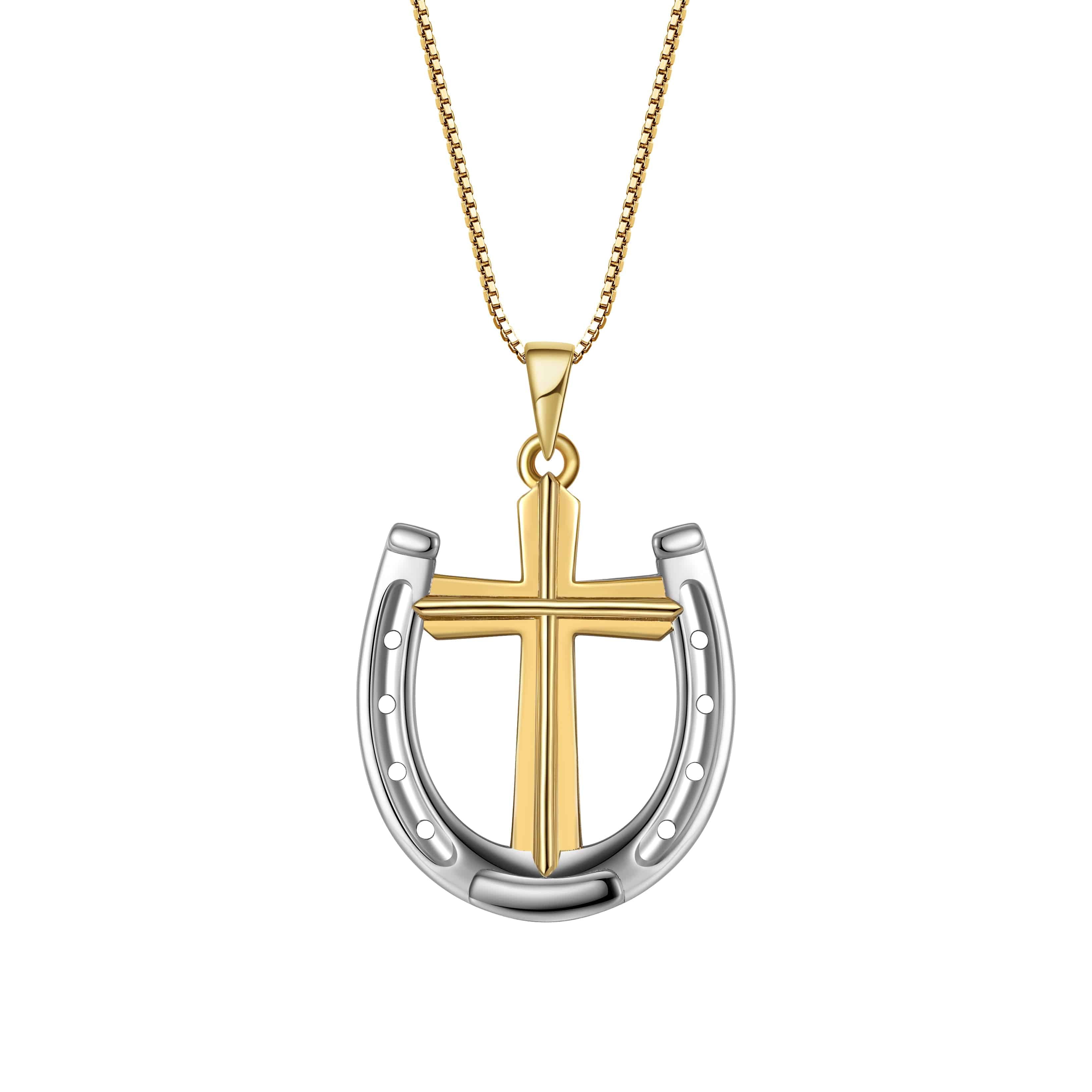 Saints and Saviors Rider's Prayer Horseshoe and Cross Necklace on Gold Box Chain