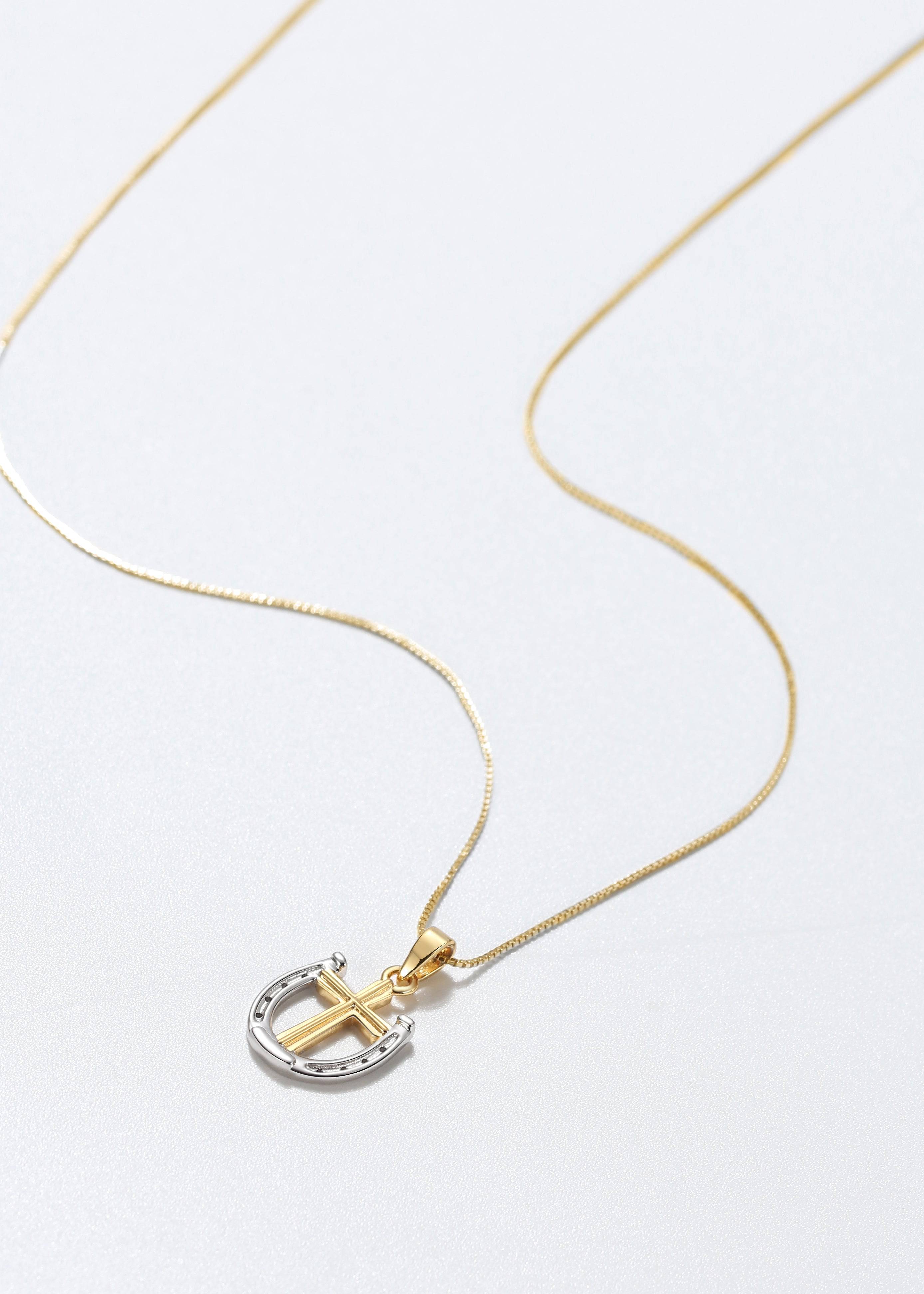 Saints and Saviors Rider's Prayer Mini gold and silver Horseshoe and Cross Necklace on Gold Box Chain