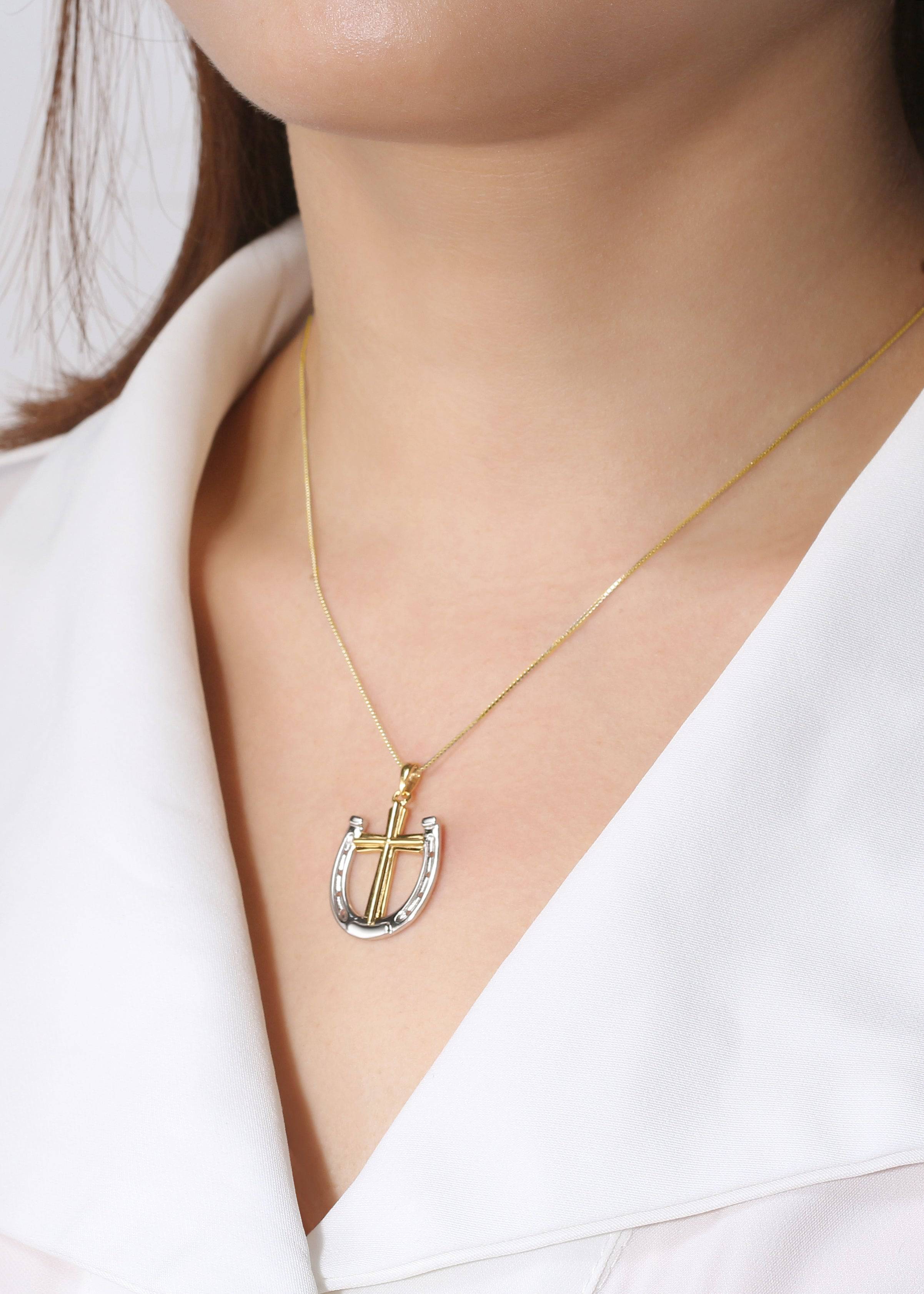 Saints and Saviors Rider's Prayer Necklace on Gold Box Chain on model