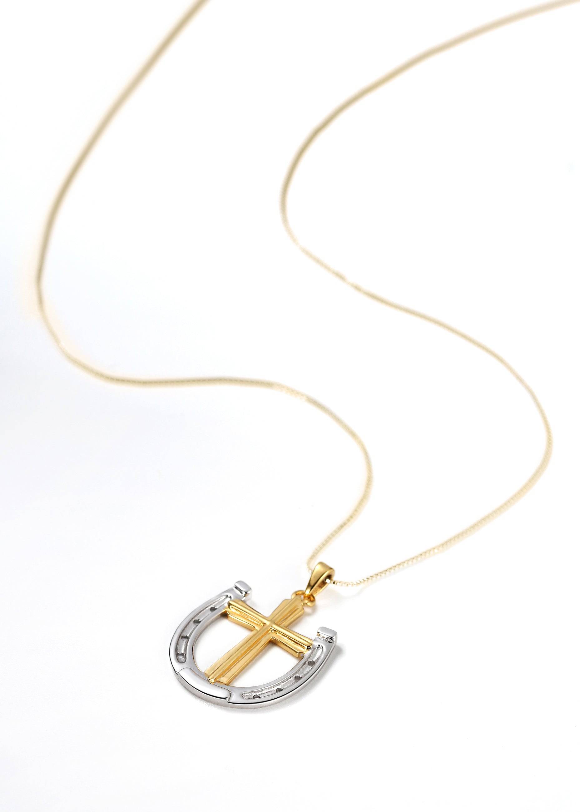 Saints and Saviors Two-Tone Silver and Gold Rider's Prayer Cross and Horseshoe Necklace on Gold Box Chain