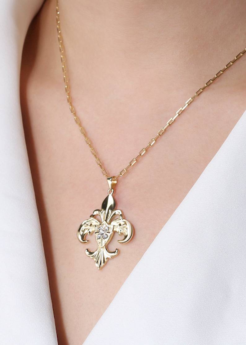 Saints and Saviors Fleur de Lis Gold Pendant Necklace on model
