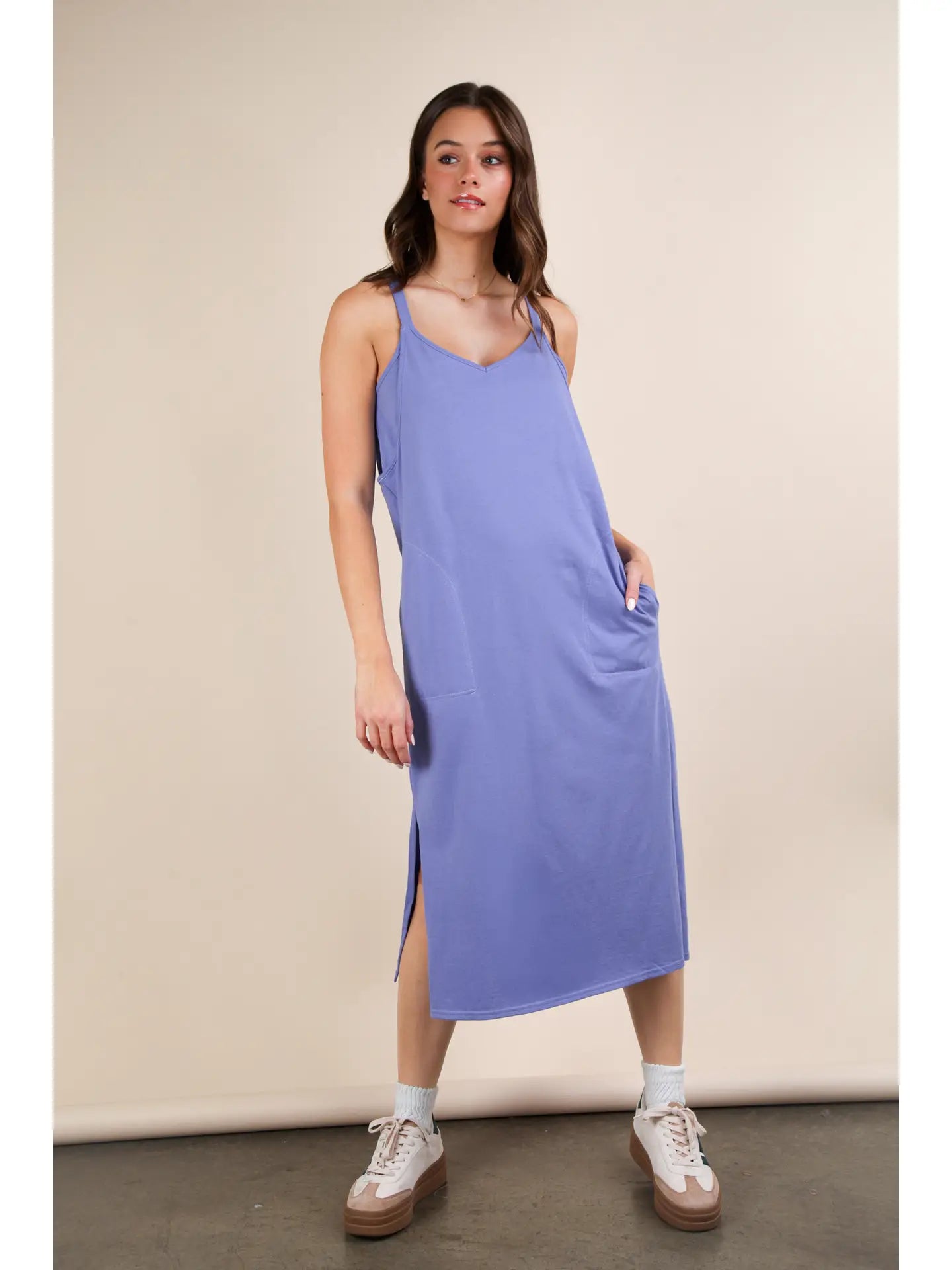Indigo V-Neck Sleeveless Casual Comfy Midi Dress - Athena's Fashion Boutique