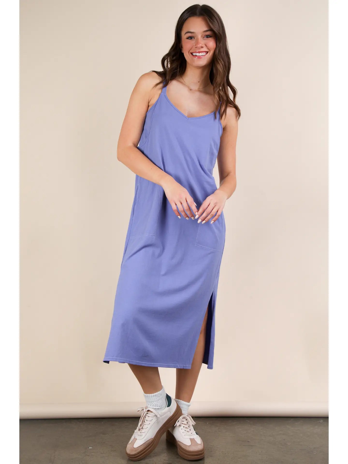 Indigo V-Neck Sleeveless Casual Comfy Midi Dress - Athena's Fashion Boutique