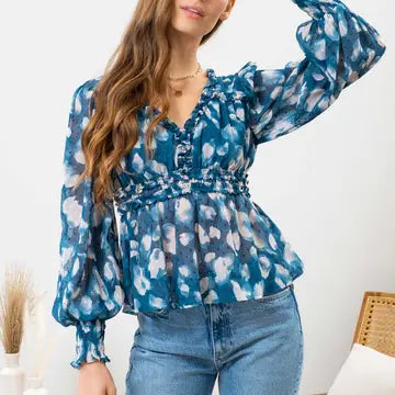 Women's Teal Textured Empire Waist Woven Top
