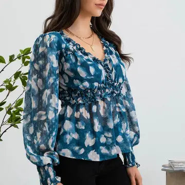 Women's Teal Textured Empire Waist Woven Top