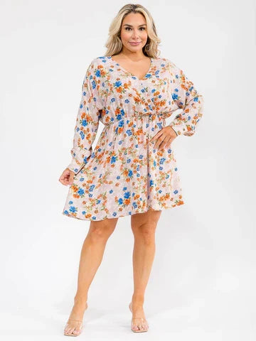 Plus Size Long Sleeve Surplice Elastic Waist Floral Mini Dress