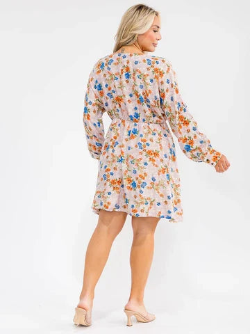 Plus Size Long Sleeve Surplice Elastic Waist Floral Mini Dress