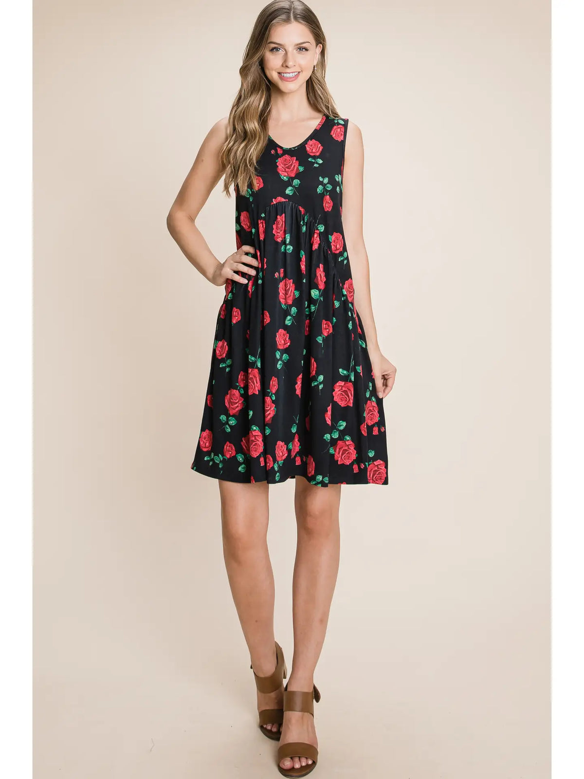 Women's Black and Red Floral Print Shirred Tank Dress