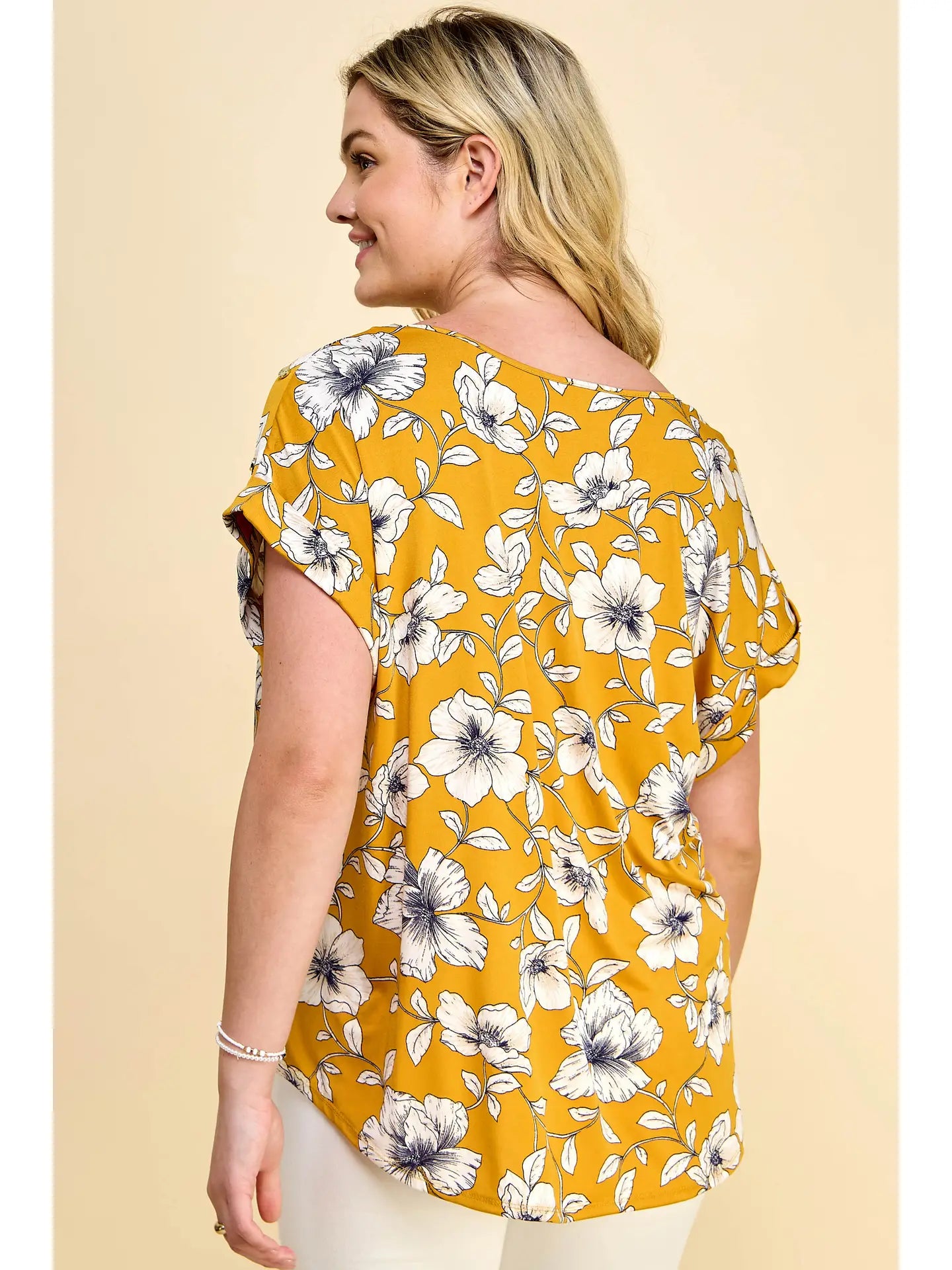 Plus Size Short Sleeve Dolman Yellow Flower Blouse