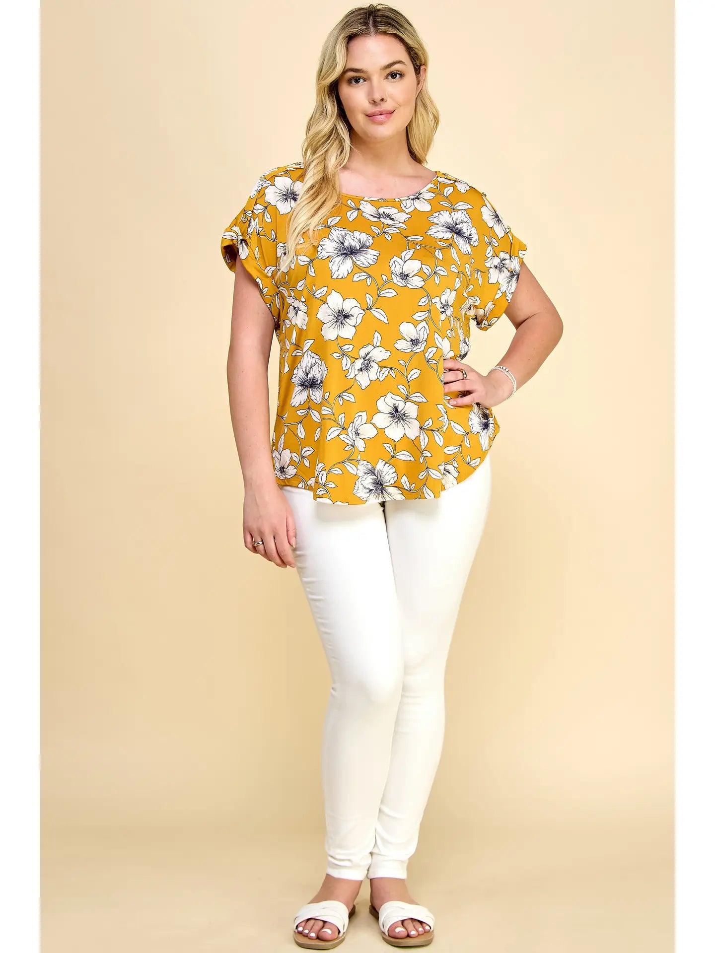 Plus Size Short Sleeve Dolman Yellow Flower Blouse