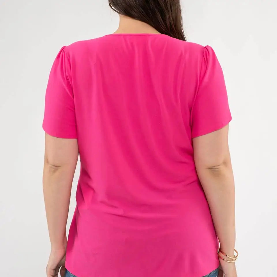 Pink Plus Drape Sleeve Split Neck Short Sleeve Blouse - Athena's Fashion Boutique