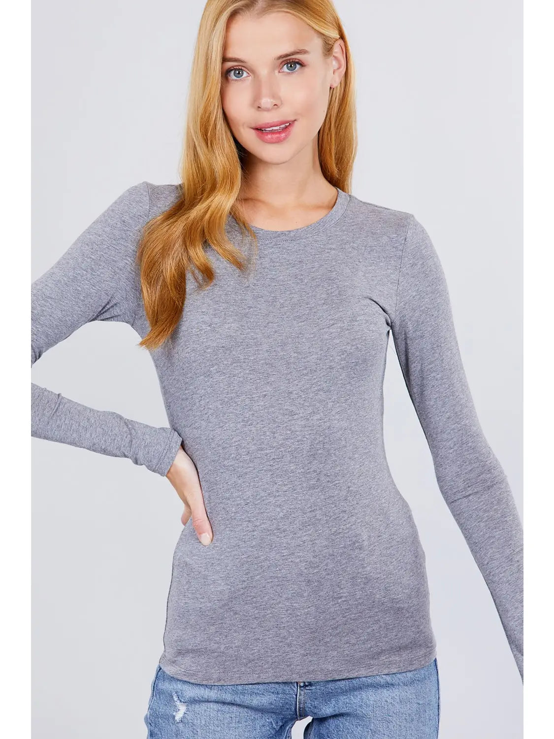 Gray Long Sleeve Crew Neck Cotton Spandex Jersey Top - Athena's Fashion Boutique