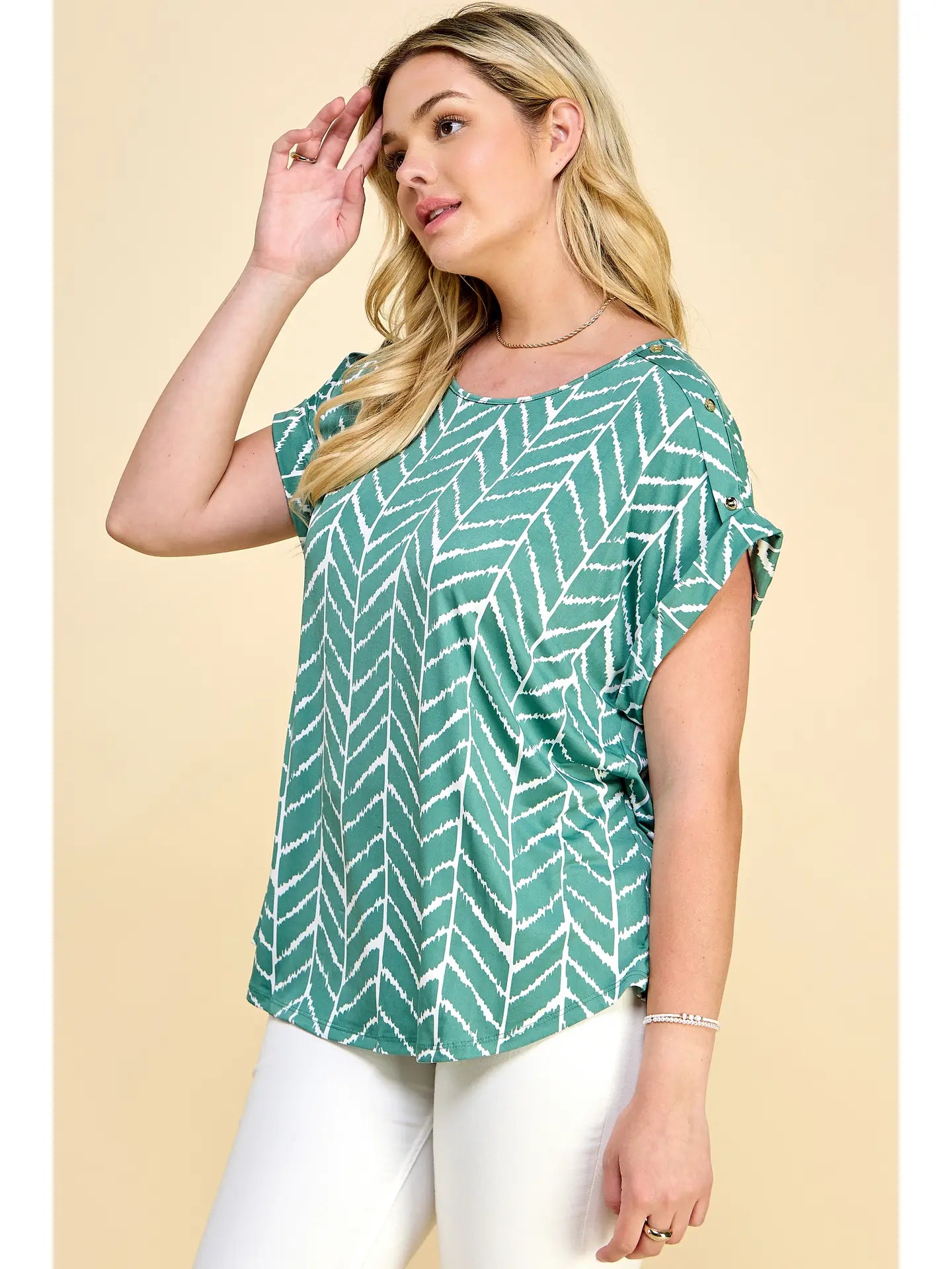 Green Pattern Plus Size Short Sleeve Dolman Top