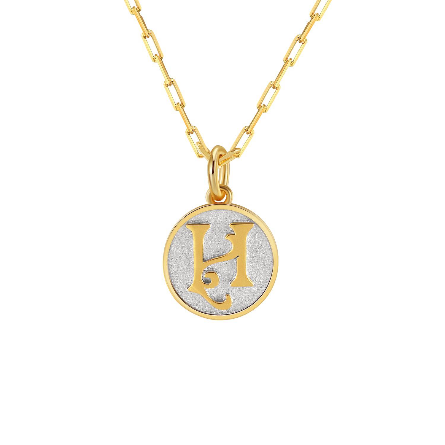 Saints and Saviors Dainty Fancy Initial Pendant Necklace gold letter H on small silver disc