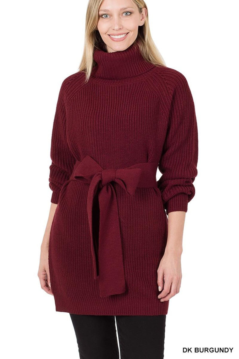 Belted Turtleneck Sweater Dress, Raglan Sleeves