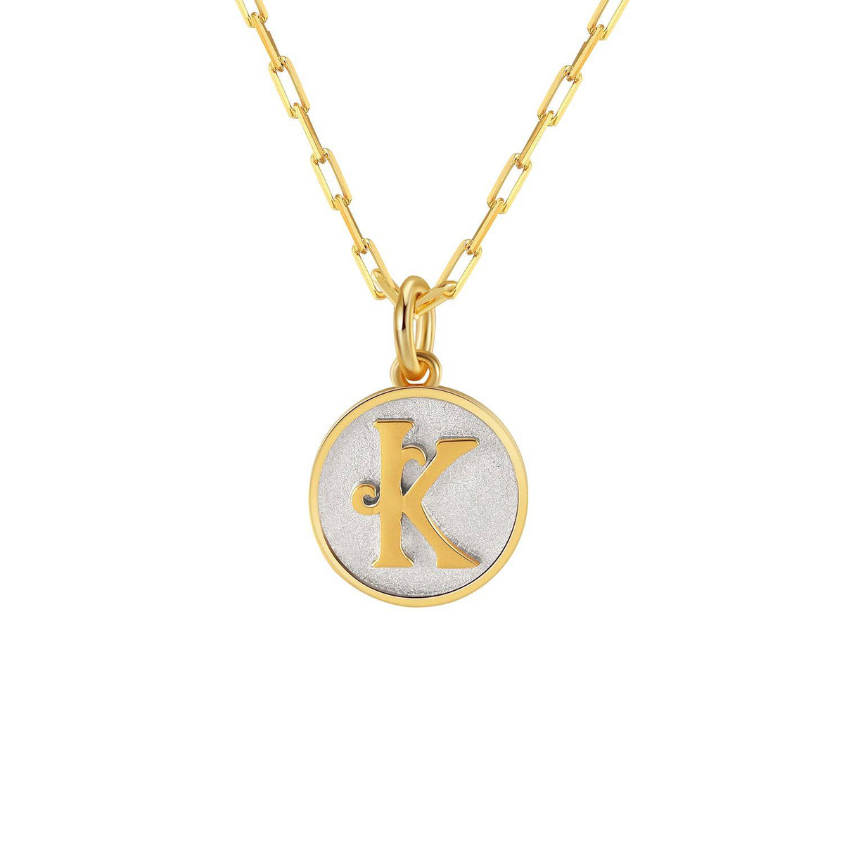Saints and Saviors Dainty Fancy Initial Pendant Necklace gold letter K on small silver disc