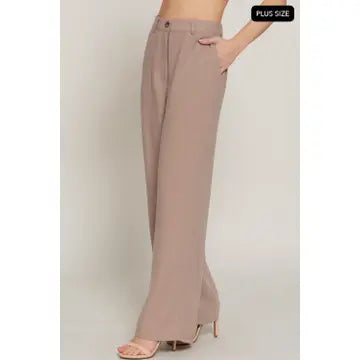 Khaki Straight Woven Linen Effect Long Pants - Athena's Fashion Boutique