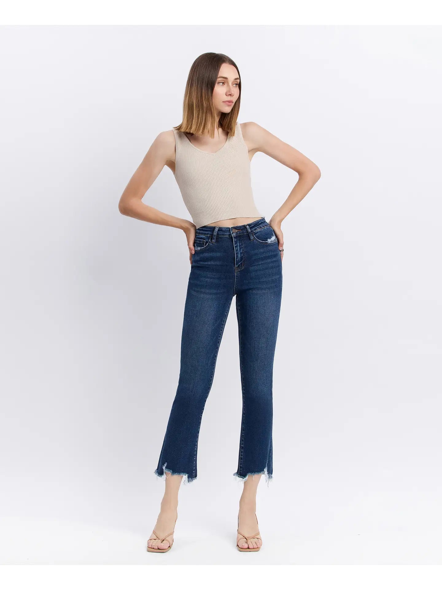 High Rise Dark Denim Distressed Hem Kick Flare Jeans