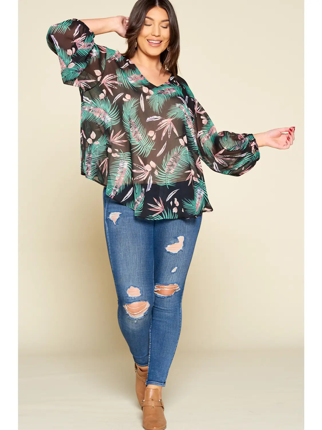 Tropical Leaf Chiffon Top - Athena's Fashion Boutique