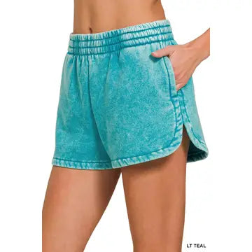 Light Teal Acid Wash Elastic Waistband Fleece Dolphin Shorts