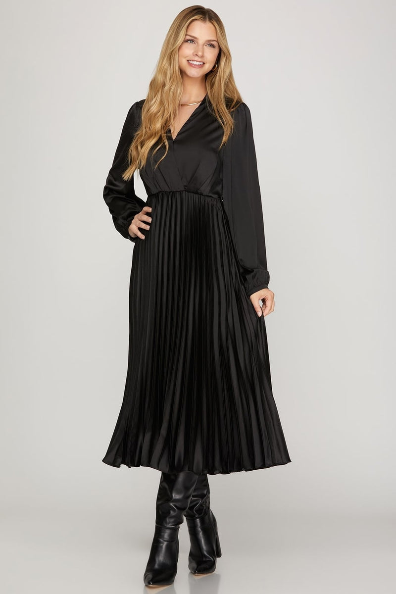 black satin pleated midi dress Regal Romance Black Floral Jacquard Pleated Satin Midi Dress