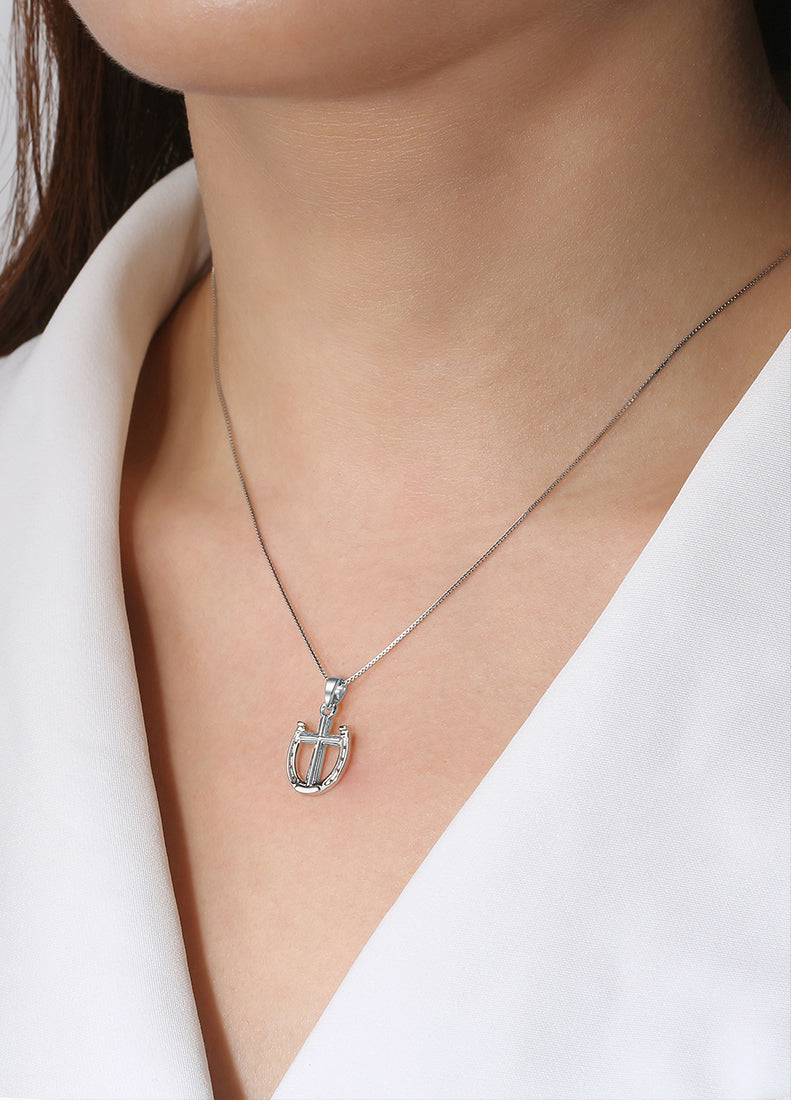Saints and Saviors Rider's Prayer Mini Cross Necklace in Silver on model