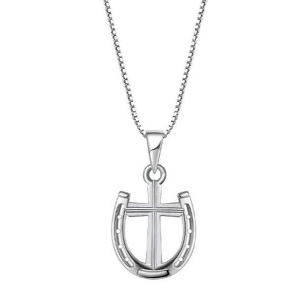 Saints and Saviors Rider's Prayer Mini Cross and Horseshoe Necklace in Silver