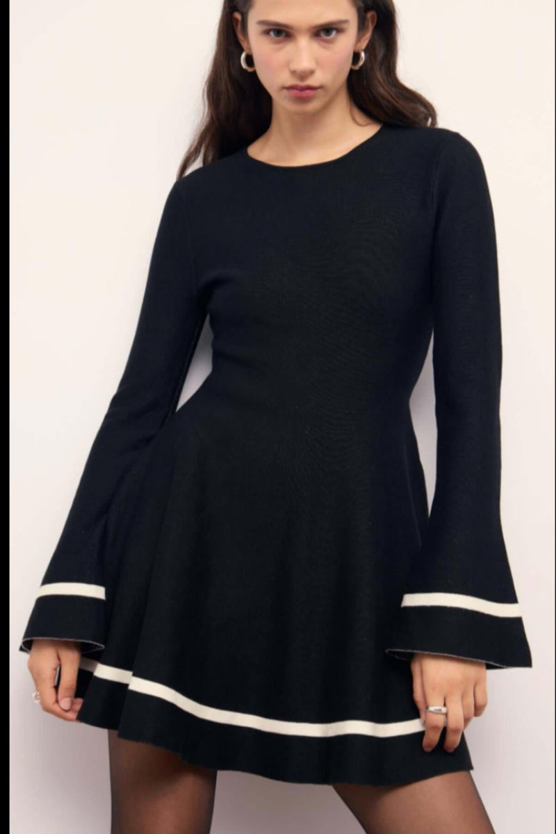 peplum knit dress Black Mini With Contract Trim M / Black/Cream AW22 SALE