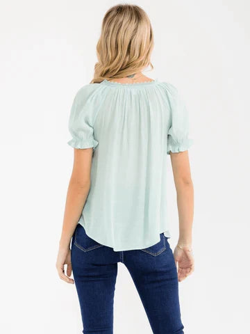 Women's Short Sleeve V-Neck Front Tie Embroidery Floral Blouse